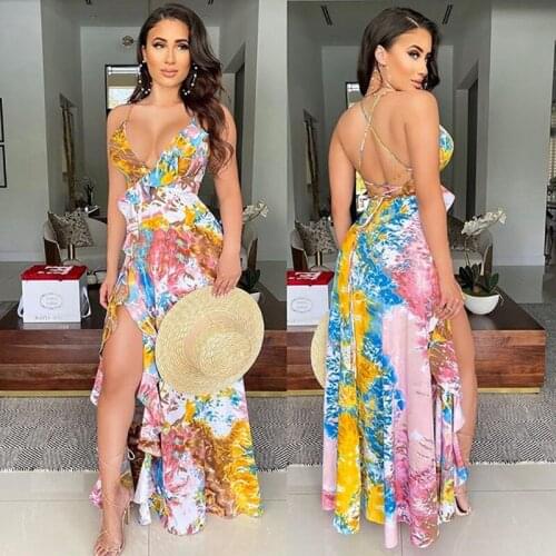 2021Floral Printed Summer Long Maxi Dress Sexy Deep V Neck Spaghetti Strap Floor Length Ruffle High Split Vocation Beach Dresses