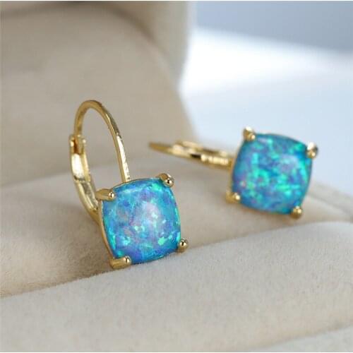Charming White Blue Opal Hoop Earrings Mystic Rainbow Square Stone Earrings For Women Vintage Fashion Yellow Gold Color Earrings