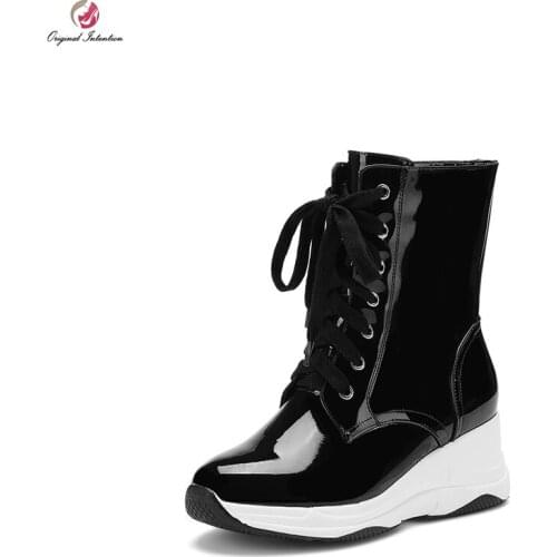 Original Intention Women Ankle Boots Fashion Lace-up Round Toe Wedges Boots Sports Style Silver Black Shoes Woman Size 4-8.5