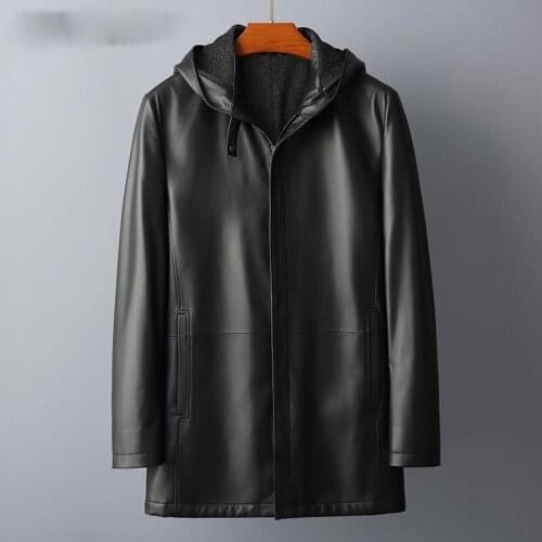 Autumn Genuine Leather Clothes Mens Fashion Casual Hooded Long Trench Coat Slim Fit Jacket