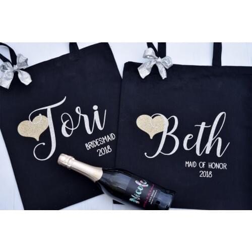 Personalize name title black beige Bride Tote bags Bridesmaid Bag Custom wedding birthday Polyester Tote Bag