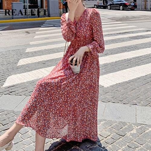 REALEFT Vintage Floral Printed Women Dress V-Neck High Waist Flare Sleeve Chiffon Lace Up Straight Female Dress 2021 New Spring