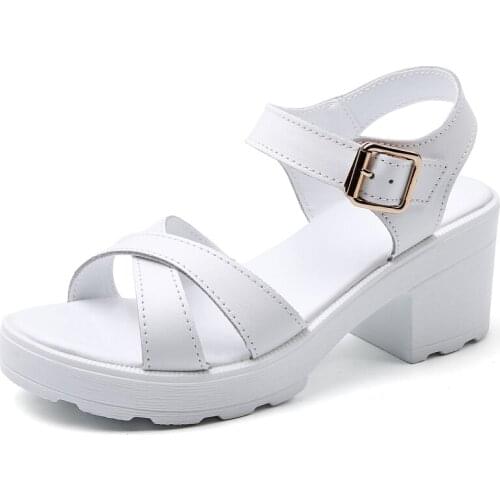 Heel High 6.5cm Women Pumps Split Leather Summer Sandals Shoes Woman Buckle Breathable Ladies Girls Sandals Female Beach Shoe