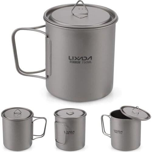 Lixada Titanium Cup with Folding Dinner Spork for Camping Hiking 300/350/420/550/650/750ml Tableware Ultralight Titanium Cup