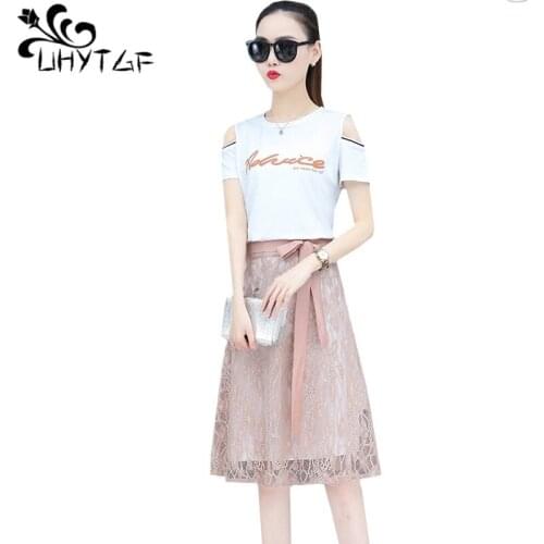 UHYTGF Summer dress two-piece fashion off shoulder dress with lace skirt suit women short sleeve elegant female dress set 1091