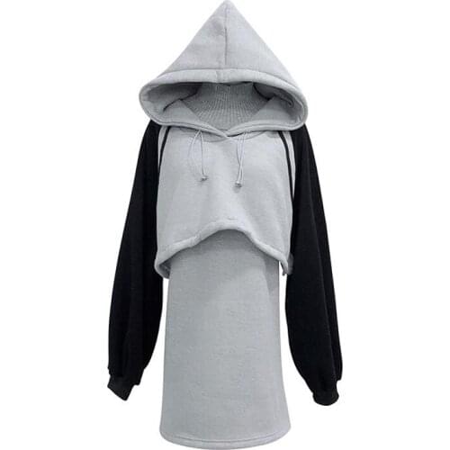 PERHAPS U Women Hoodies Fleece Mini Short Dress Set Gray Blue Brown Long Sleeve Sport Hooded 2 Two Pieces T0074