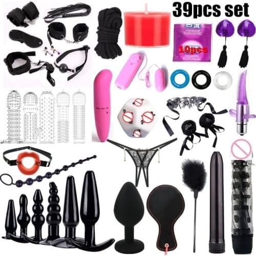 Adults Sex Toys For Women Men Handcuffs Nipple Clamps Whip Spanking Sex Metal Anal Plug Vibrator Butt Bdsm Bondage Set 39pcs set