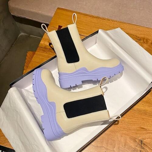 Women Candy Color Short Boots Fashion Platform Soft Leather Thick Heel Winter Shoe Woman Elastic Casual Lady Footwear