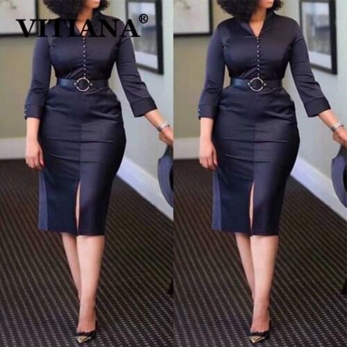 VITIANA Women Black Elegant Formal Pencil Dress Autumn 2020 Female Slim Office OL Knee-Length Dresses Femme Casual Vestidos