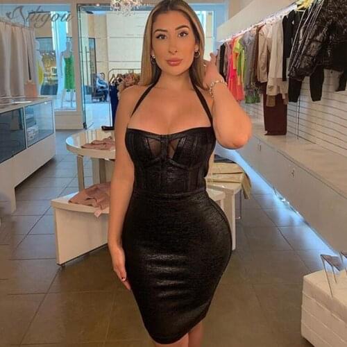 Ailigou Summer Sexy Halter Backless Black Bronzing Women Bodycon Bandage Dress 2021 Designer Fashion Party Dress Vestido