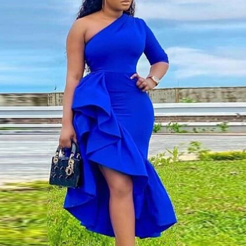 2021 Sexy Evening Party Dress Women One Shoulder Asymmetrical Ruffle Blue Elegant Vestidos Falbala Midi Dresses African Fashion