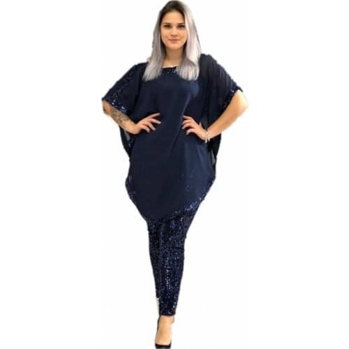 African Sets For Women 2021 Sequined African Elastic Bazin Baggy Pants Rock Style Dashiki Sleeve Famous Suit For Lady