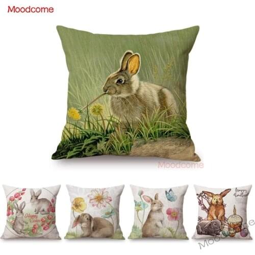 Watercolor Cute Rabbit Bunny Spring the Easter Day Baby Nursery Art Home Decoration Linen Pillow Case Car Pillow Cushion Cover