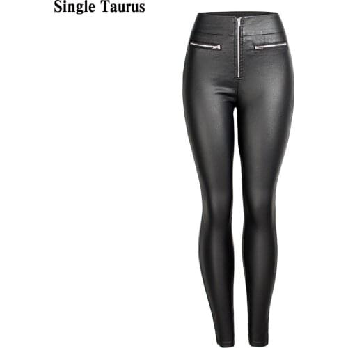 2020 Autumn and Winter Woman Leather Pants Streetwear Black Zipper Fly High Waist Slim Skinny Leather PU Elasticity Pants Women