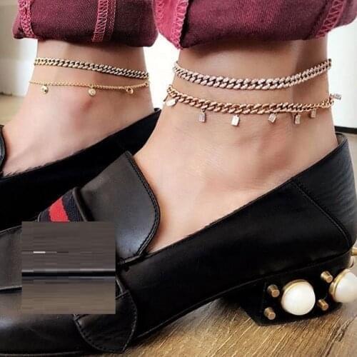 4 Colors Rectangle CZ Drop Chain Thin Micro Pave Cubic Zirconia Cuban Link Chain Anklet 2021 Summer Beach Hot Jewelry