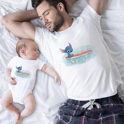 Disney Kawaii Stitch Cartoon Baby Romper Fashion Father and Son Family Clothing Set Mom and Kids Summer Shirt Children T Shirt