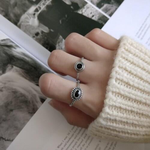 1pc Authentic S925 Sterling Silver Fine Jewelry Twisted Roped Black Enamel Round /Oval Geometric retro ring Open adjust J426