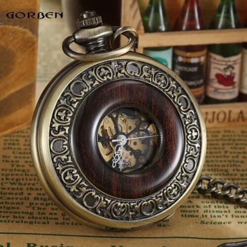 Brown Hollow Mechanical Steampunk Skeleton Roman Numbers Wood Pocket Watches Hand-winding Necklace Fob Chain Mens Business Gift