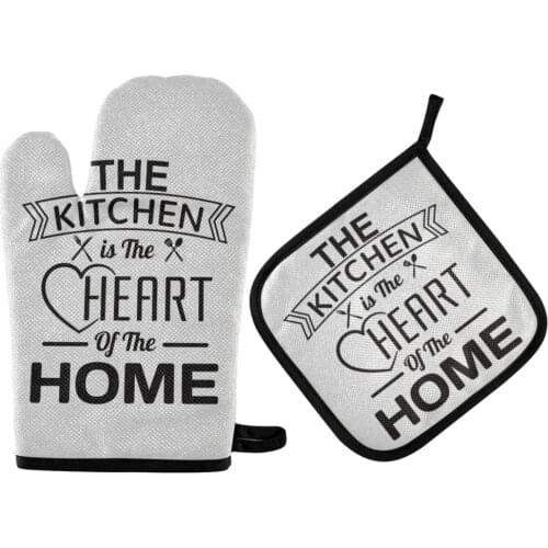Kitchen is the Heart of the Home Microwave Oven Mitts And Pot Holders Sets Custom Polyester Kitchen Gloves and Mat for Cooking