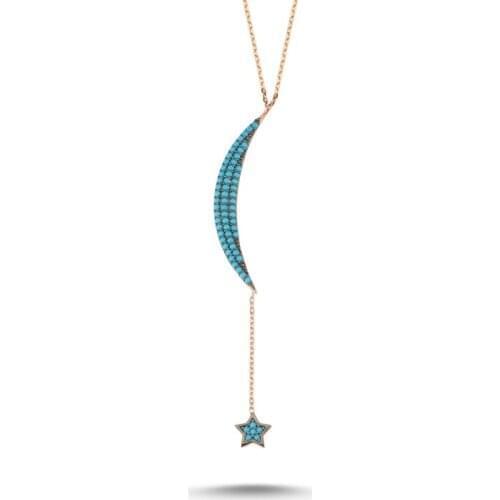 KUTAYDAN Crescent Moon & Star Nano Turquoise Stone Ghost Pendant 925 Sterling Silver