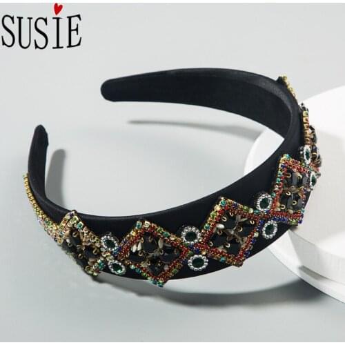 LOVE SUSIE Women Hairband Wide Brim Satin Rhinestone Crystal Headband Baroque Palace Style Hair Band Fashion Vintage Headwear