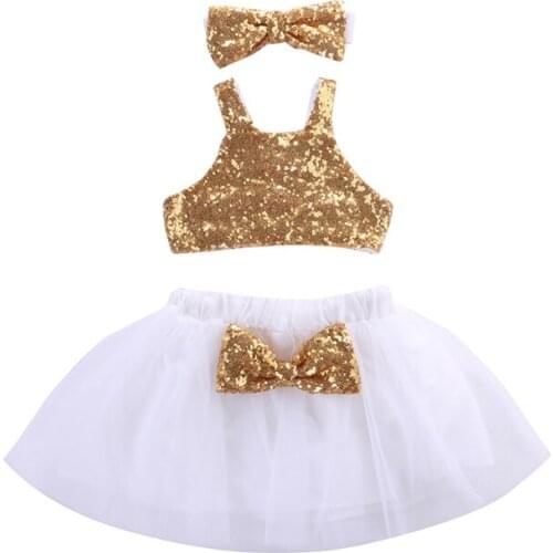 Toddler Baby Girls Fashion Summer 3PCS Sleeveless Pullover Sequined Vest Tops Bow Lace White Tutu Skirt Headband Outfit Party