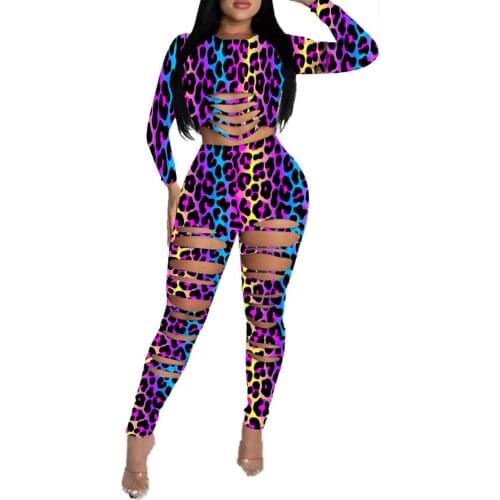 Fashion Womens Set Cropped Hollow Out Trousers Long Sleeve Round Collar Casual Yoga Party Elastic Leopard High-Waist Pants