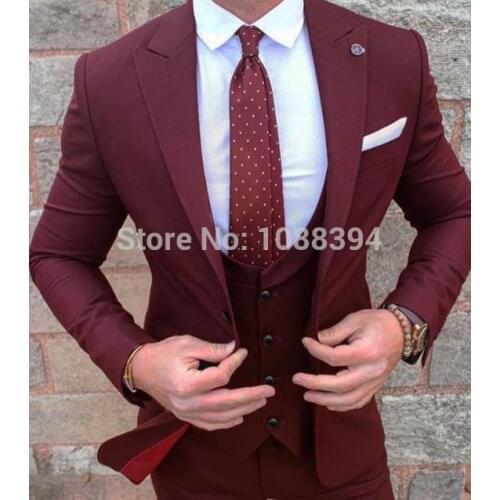 Men Wedding Suits 2018 Tailored 3 Pieces Slim Fit Groom Tuxedo Blazer For Wedding Prom Burgundy Men Suit With Pants
