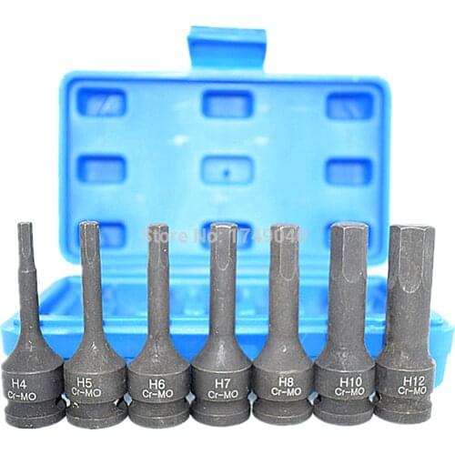 7pc 3/8" Square Drive Impact Hex Bit Socket Set Air Impact Allen Key Bit Socket Cr-Mo 60mm Long Hex Head H4 H5 H6 H7 H8 H10 H12