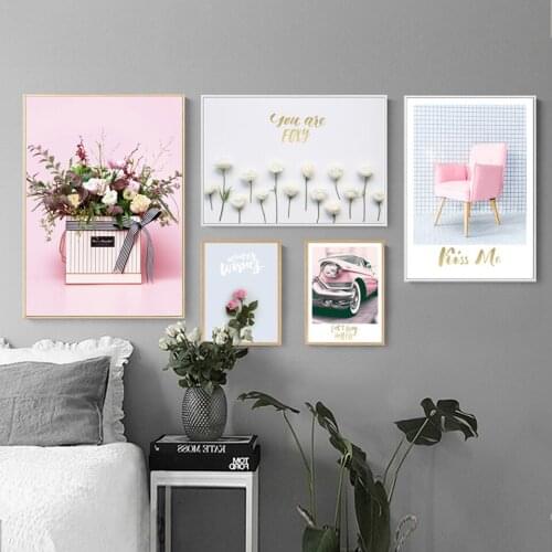 Nordic Pink Rose Flower Picture Car Sofa Poster Wall Art Modular Canvas Painting For Bedroom Living Room Home Decor