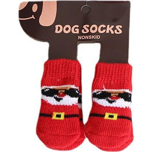 Dog Cat Socks 4 PCS Non-Slip Christmas Shoes Festival Themed Woven Paw Protector Knitting Pet Supplies for Floor Indoor WWO66
