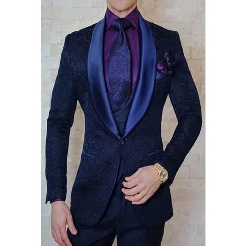 2020 Latest Coat Pant Designs navy blue Paisley Smoking Men Suit Slim Fit Tuxedo Custom Blazer Groom Prom mens Suits Masculino