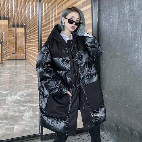 2021 New Winter Warm Down parkas UK winter Ox horn buckle Hooded thickening Loose medium length 90% white duck down jacket women