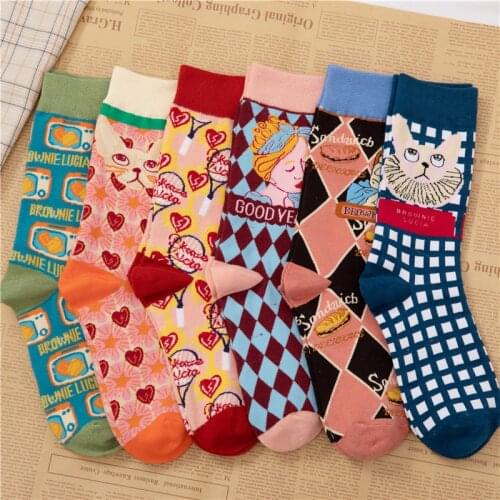 New Trendy Socks Ins Lolita Style Illustration Men and Women Long Socks French Cat Portrait Street Photography Couple Socks