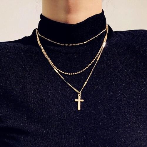 Wholesale Jewelry -- Gold Color 3 line Cross Pendant Necklaces for Women Fashion Europe Jewelry