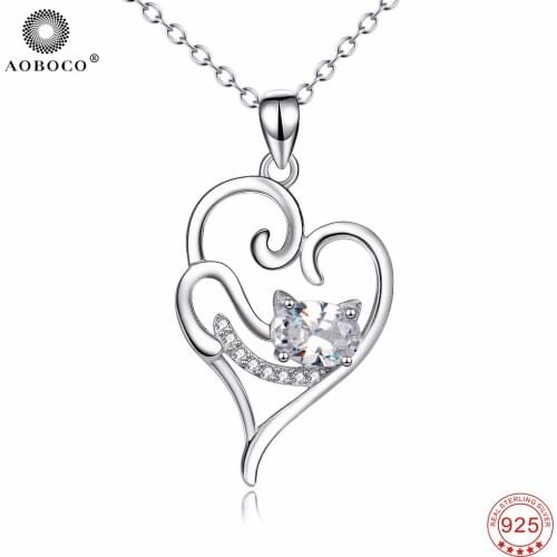 AOBOCO 925 Sterling Silver Love Heart Lucky Cat Pendant Necklace Lovely Lying Kitten Crystal CZ Necklaces Jewelry Women GNX13906