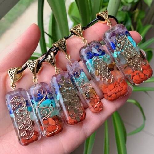 Retro Reiki Healing Colorful Chips Stone Natural Chakra Orgone Energy Pendant Necklace Pendulum Amulet Orgonite Crystal Necklace
