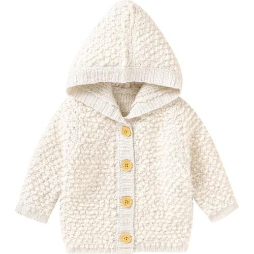 2021 0-18M Winter Fall Kids Baby Boy Girl Coats Solid Color Knitted Button Fly Long Sleeve Hooded Top Cardigan Warm Outwear