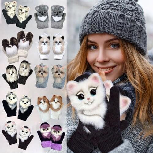 Gloves Kawaii Simulation Animal Pattern Cat Dog Guantes Winter Warm Plush Knitted Gloves Women Men Protect Finger Gants перчатки