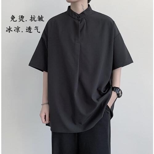 Ice silk black shirt mens short sleeves loose Korean version of summer shirt men handsome trend solid color five-sleeve top