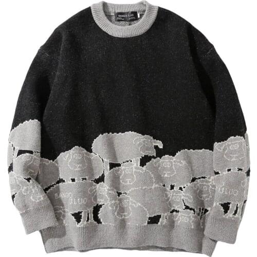 Vintage Sweater Men Pullover Fashion Sheep Cartoon Print Long Sleeve Clothes Spring Autumn Loose Casual Knitted Sweater Men Tops