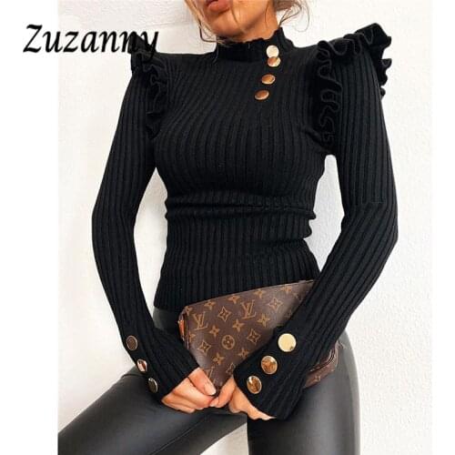 Irene Ruffles Turtleneck Tops Women Buttons Casual Black Slim Ribber T Shirt Autumn Winter Long Sleeve Basic Women Shirts