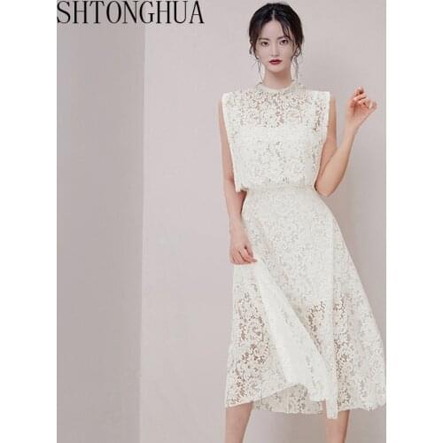 Summer 2020 New Fashion Office Lady 2 Piece Sets Sexy Lace Floral Sling Dress With O Neck Sleeveless Tops Elegant Women Sets