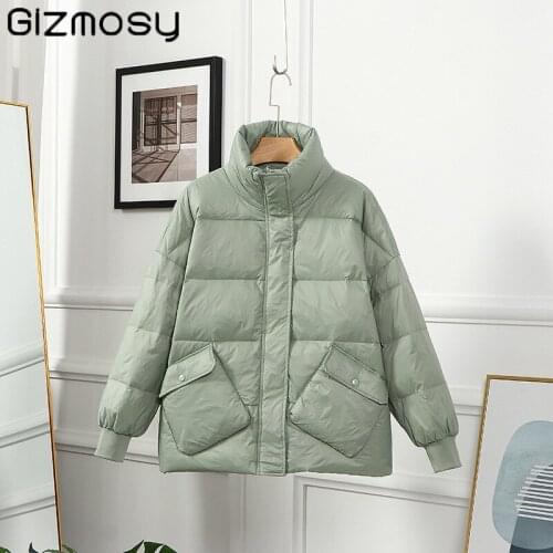 Gizmosy Down Jacket Womens Winter Loose and Light Warm White Duck Down Coat Casual Short Thin Down Parkas Female Outerwear