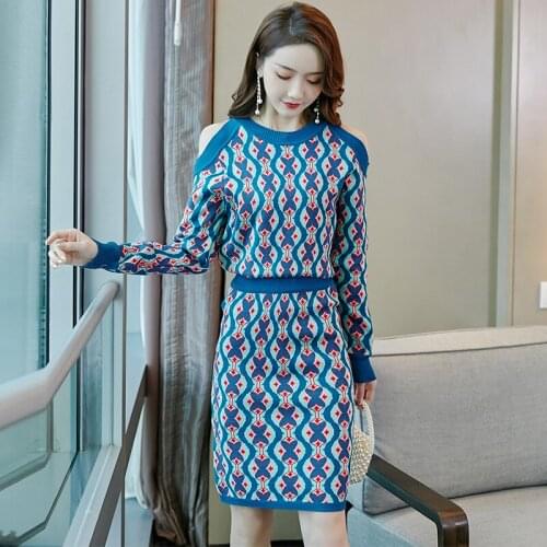Autumn Knitted 2 Pieces Set For Women Jacquard Sexy Off Shoulder Long Sleeve Sweater Jumpers + Mini Bodycon Skirts Set Vintage