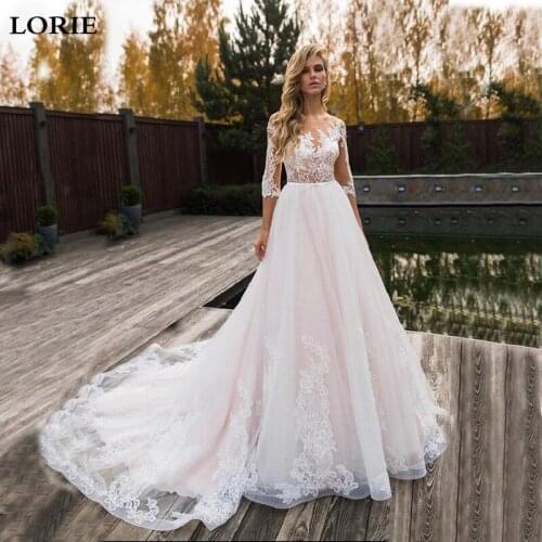 LORIE Elegant Lace Wedding Dress 2019 Vestidos de novia A Line Bridal Dress Half Sleeve Romantic Appliques Wedding Gowns