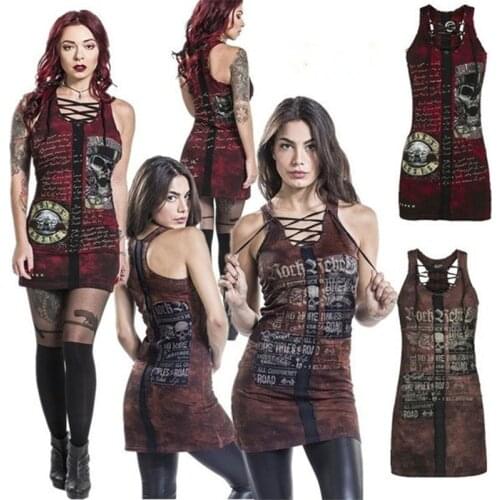Plus Size Mini Dress Women Street Gothic Style Punk Lace Up Vintage Printed Strapless Dress Hip Hop Bodycon Women Dresses Shirt