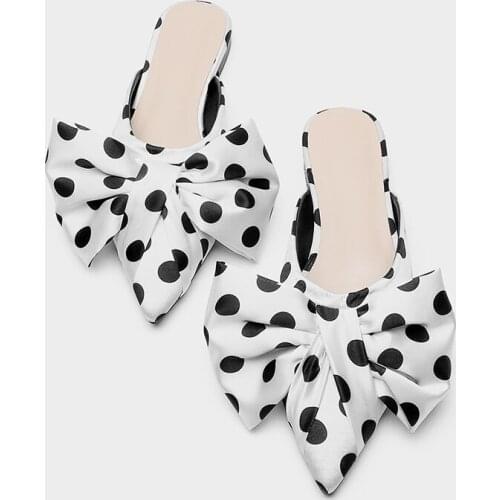 2020 Summer New Pointed Toe Baotou Half Slippers Polka Dot Bow Flat Heel Slipper