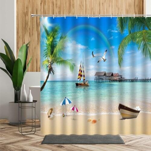 3D Vacation Beach Scenery Shower Curtain Wooden Bridge Coconut Tree Sailboat Background Bathtub Screen Waterproof Bath Curtains