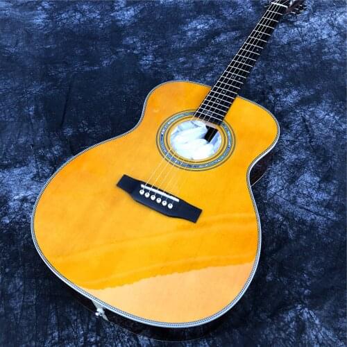 Yellow Color Solid Spruce OM Type Acoustic Guitar with Fishbone Binding and Open Tuners